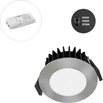 Runde LED-Einbauleuchte mit schwarzem Kühlkörper und gebürstetem silbernem Rahmen, sowie separatem Treiber und Farbtemperatur-Schalter 3000K/4000K/5700K.