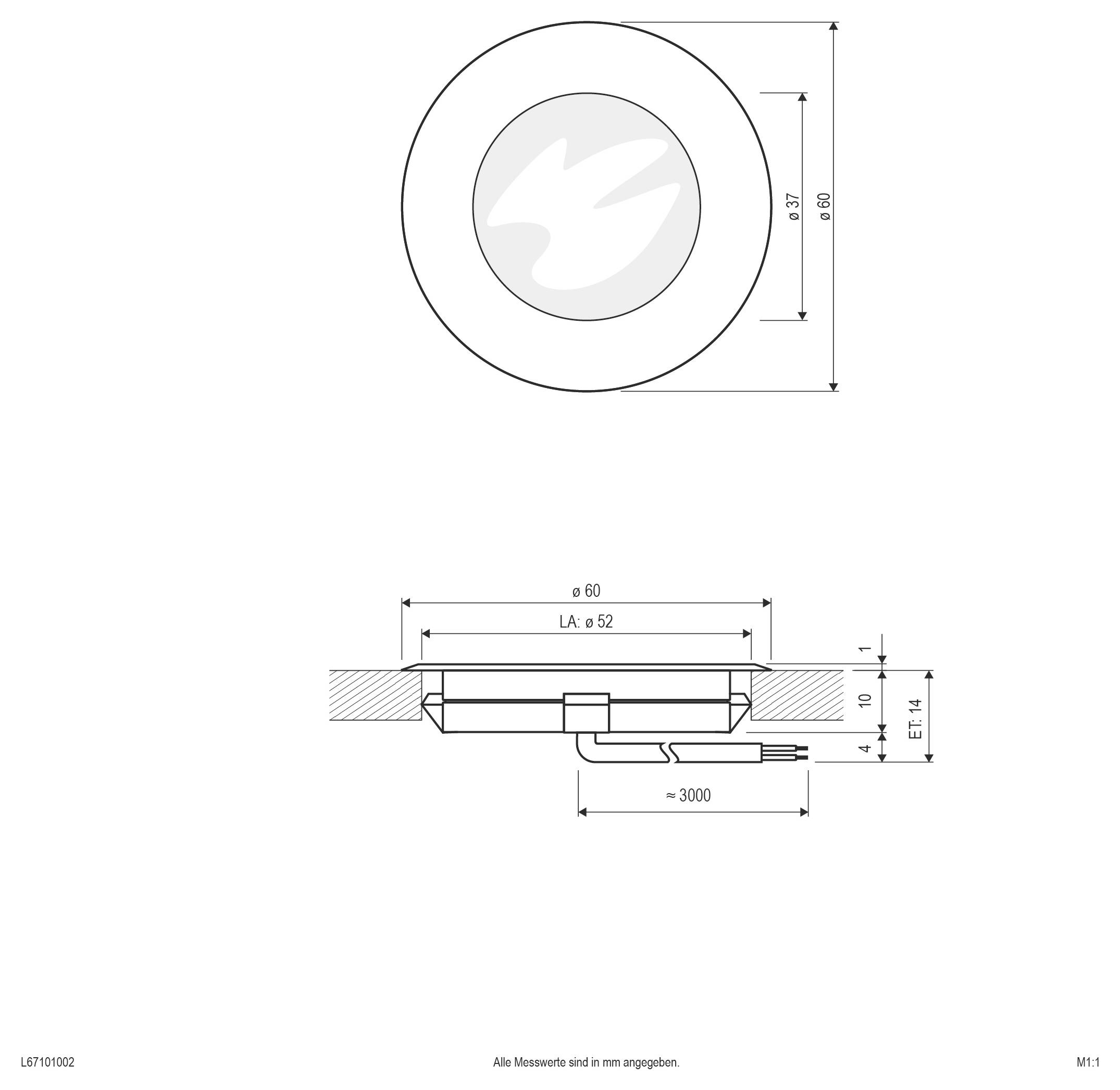 Technische Zeichnung einer LED-Neutral M12-Komponente mit Draufsicht, Seitenansicht und Endansicht mit Abmessungen und Montagemessungen.