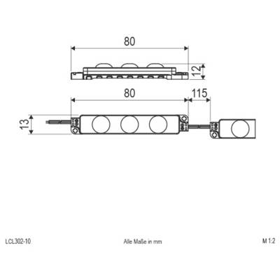 Technische Zeichnung einer modularen LED-Leuchteneinheit mit Abmessungen in Millimetern; Hauptbereich 80 mm lang und 13 mm hoch, plus 115 mm Erweiterung und 12 mm Dicke.