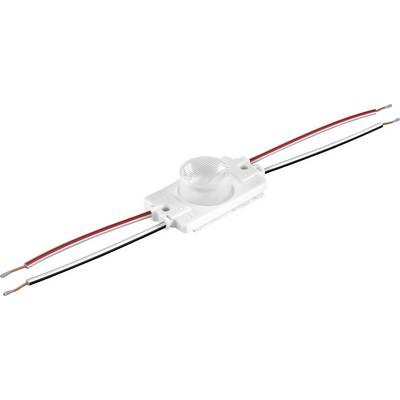 Weiße LED-Modul mit zentraler Linse und vier Anschlussdrähten, gezeigt auf einfachem weißem Hintergrund.