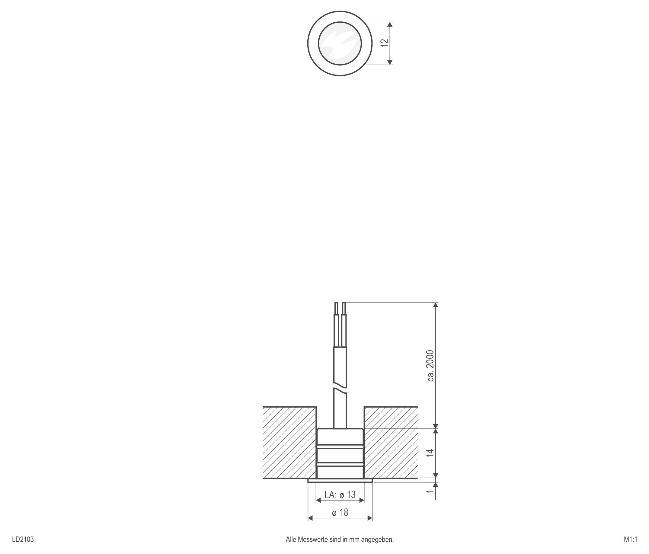Technische Zeichnung einer kreisförmigen eingelassenen Leuchte mit Draufsicht und Seitenansicht, die einen Außendurchmesser von 85 mm, einen Innendurchmesser von 50 mm und eine Höhe von 180 mm zeigt.