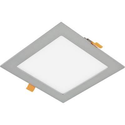 Quadratische LED-Deckeneinbauleuchte mit grauem Rahmen und weißem Diffusor, in Schrägansicht mit orangefarbenen Befestigungsklemmen gezeigt.