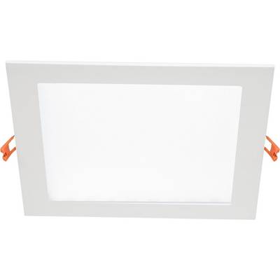 Quadratische LED-Deckeneinbauleuchte in Weiß mit einem Rahmen und zwei orangefarbenen Halterungen an den Seiten.