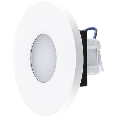Runde LED-Einbauleuchte mit weißer Blende und mattiertem Mittelteil, seitlich vor weißem Hintergrund dargestellt.