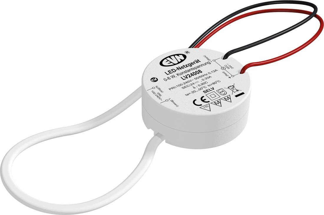 Silbernes Metall-LED-Stromversorgungstreiber mit schwarzen Kabeln, beschriftet mit „LED Waterproof" und „9.1-110W", auf weißem Hintergrund gezeigt.