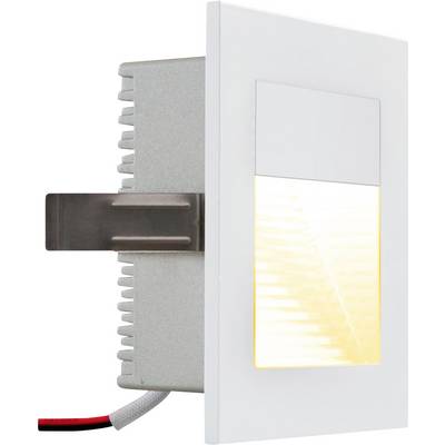 Ein LED-Wandeinbaulicht mit rechteckigem Design. Es hat eine silberne Kühlrippe und ein dezentes gelbes Leuchten nach vorne hin.