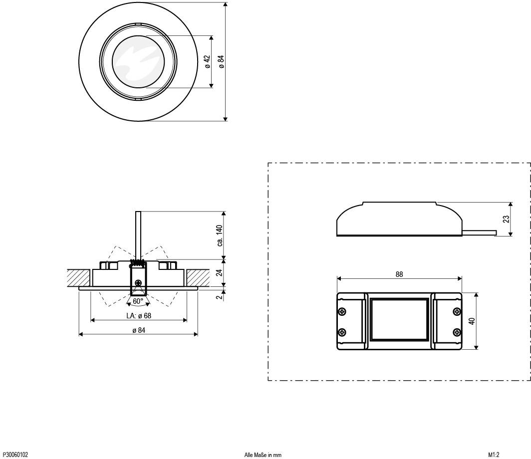 Technische Zeichnung eines runden Einbauelements mit Abmessungen: Durchmesser 84 mm, Einbautiefe 25 mm. Draufsicht und Seitenansicht.