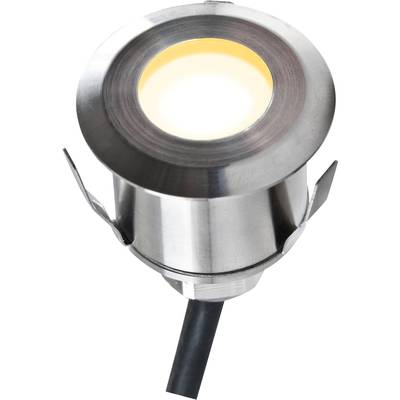 Ein silberner LED-Bodenstrahler mit rundem Gehäuse und schwarzem Kabel, leuchtet mit warmweißem Licht nach oben.