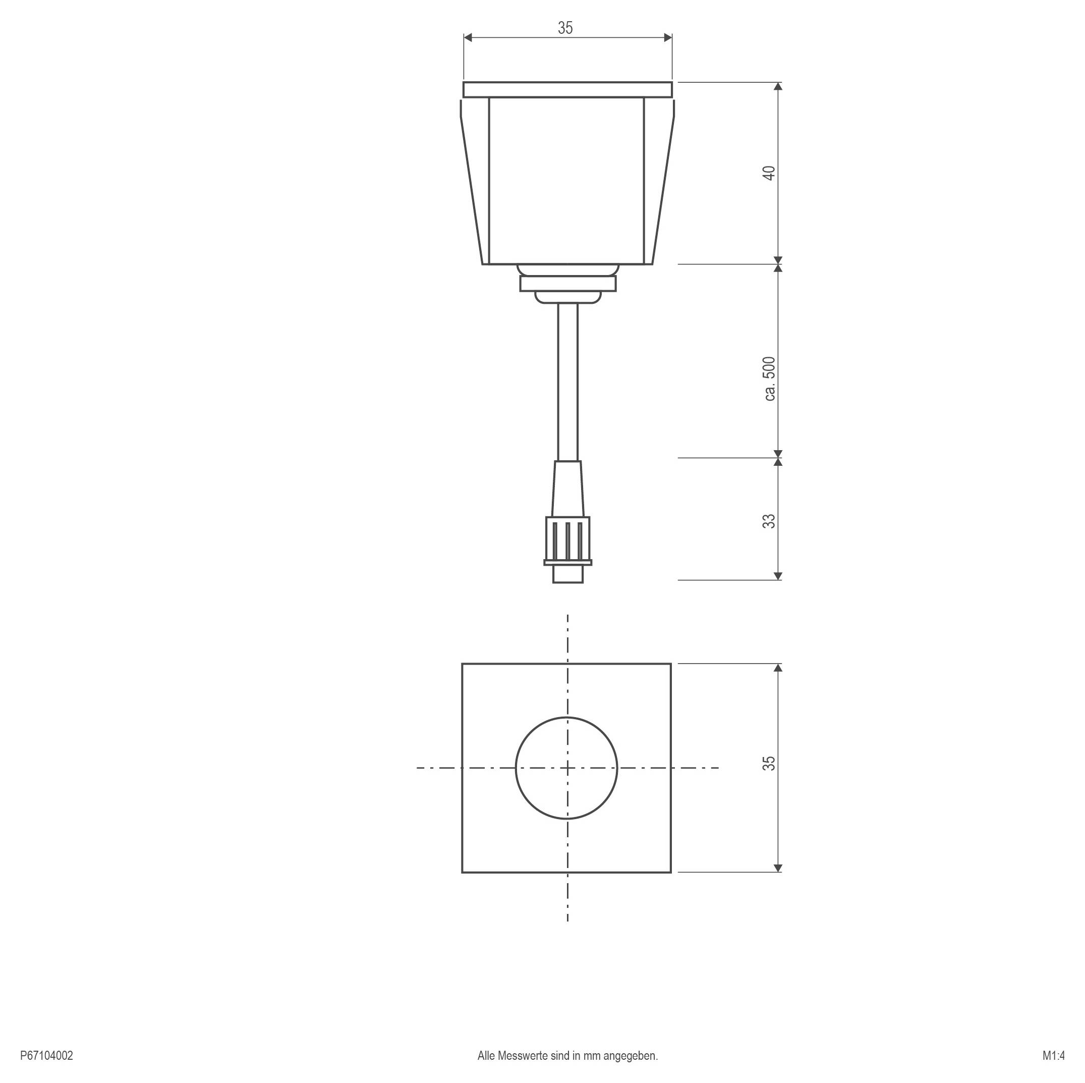 Technische Strichzeichnung einer quadratischen Montageplatte mit zentraler kreisförmiger Öffnung und nach unten gehendem Schaft; bemaßt mit Abmessungen in mm.