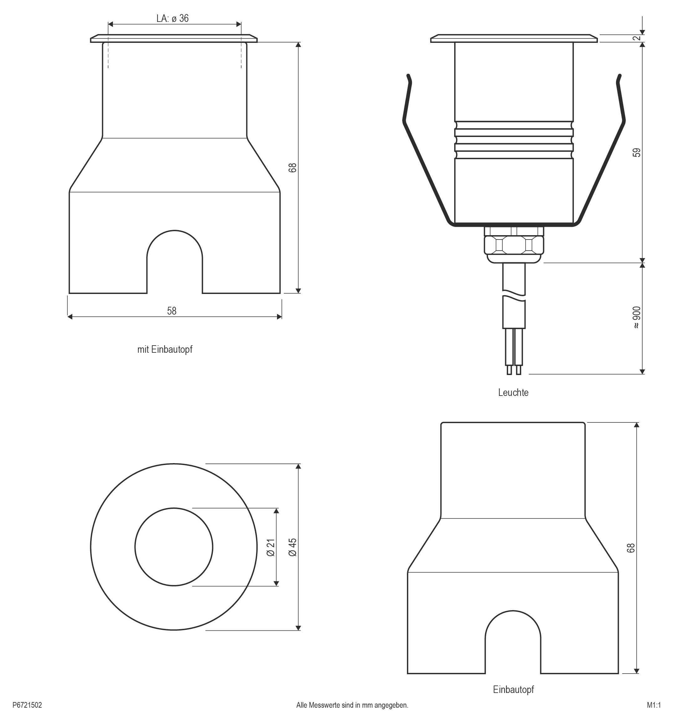 Technische Maßstabszeichnung einer Einbau-Leuchte, dargestellt in Front-, Seiten- und Draufsicht mit Abmessungen und Beschriftungen "Einbautopf" und "Leuchte".