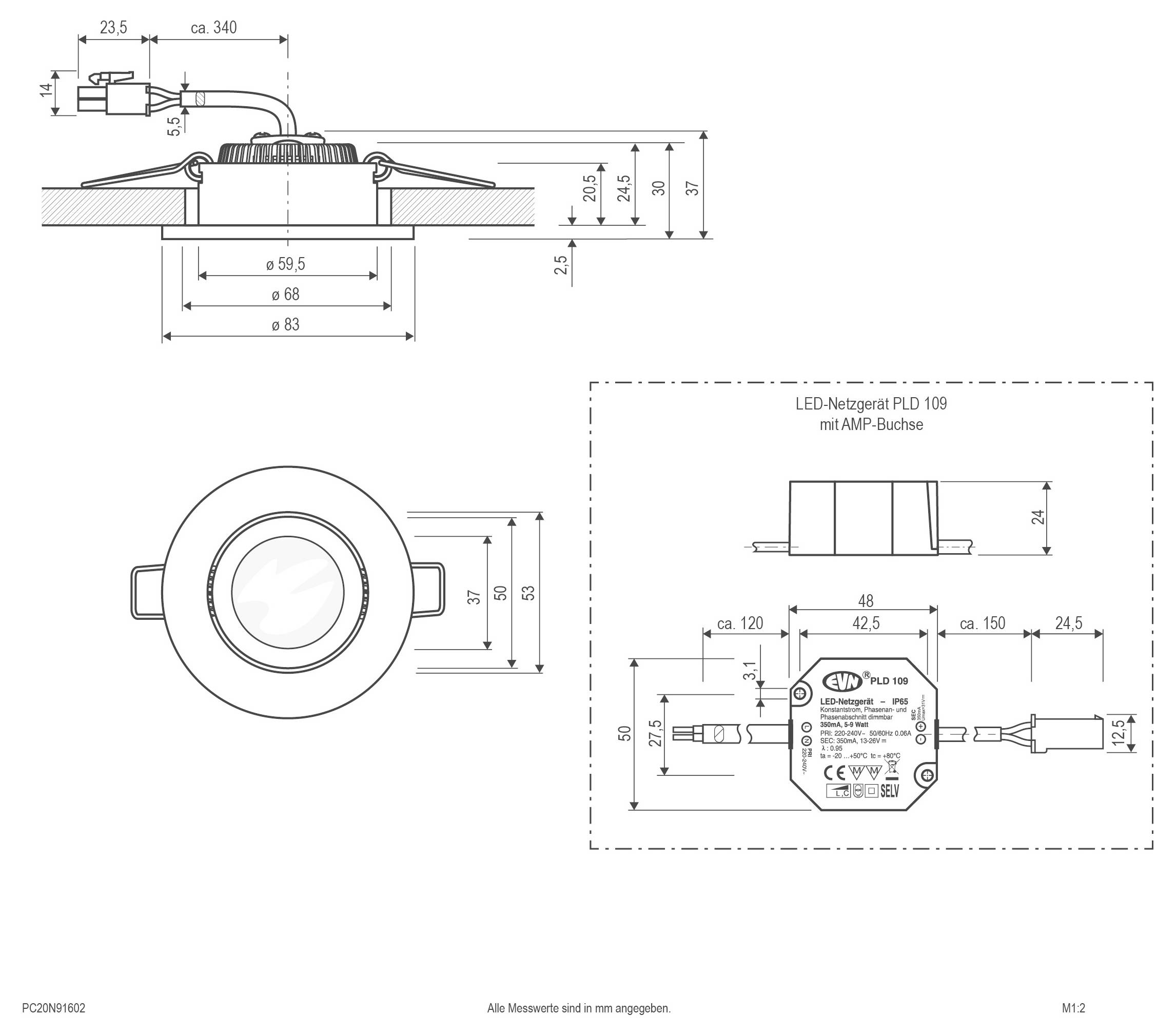 Eingelassene LED-Downlight-Leuchte mit separatem Treibermodul, dargestellt in einer kreisförmigen Vergrößerung.