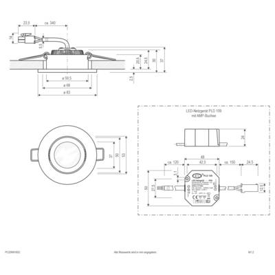 Eingelassene LED-Downlight-Leuchte mit separatem Treibermodul, dargestellt in einer kreisförmigen Vergrößerung.