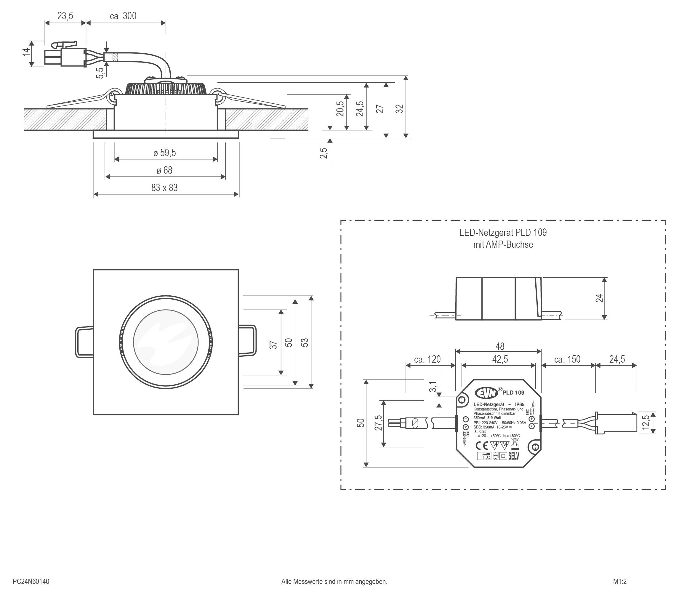Technische Zeichnung einer quadratischen, bündigen LED-Einbauleuchte mit Drauf-, Seiten- und Vorderansicht sowie Abmessungen und Verkabelungsdetails.