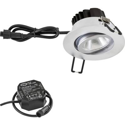 LED-Einbauleuchten-Set mit weißer Blende, Federklemmen, Stromkabel und separatem schwarzem Treiber/Transformator.