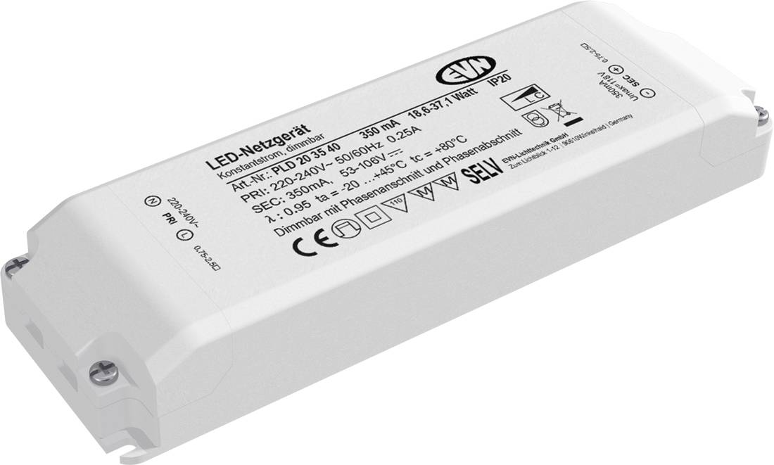 LED-Stromversorgungstreiber-Modul in Weiß mit grauer Endkappe, dargestellt in einer abgewinkelten Produktansicht auf weißem Hintergrund.