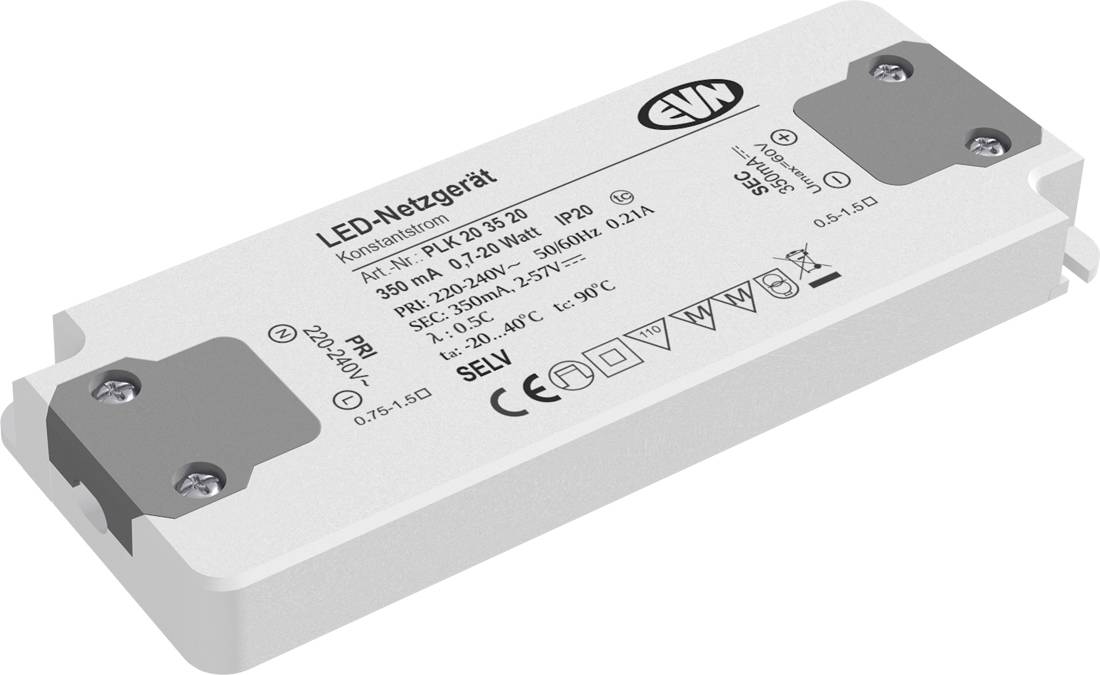 Weiß beschriftetes LED-Stromversorgungsgerät mit der Bezeichnung "LED-Netzgerät" mit gedruckten elektrischen Spezifikationen und Metallmontageplaten an beiden Enden.