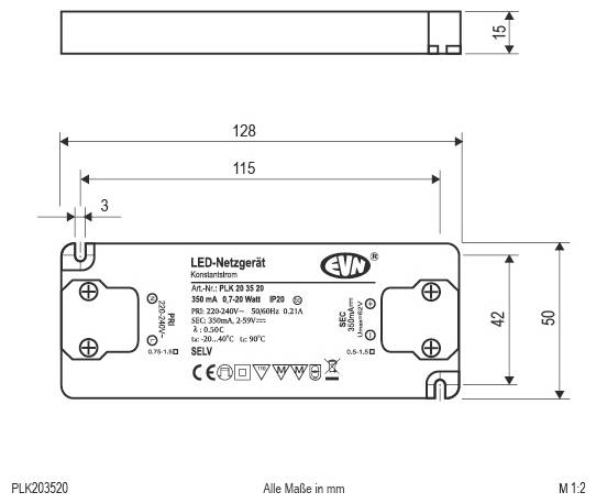 Technische Dimensionszeichnung einer LED-Stromversorgung, mit Draufsicht und Frontansicht, Maßstäbe in Millimetern und gekennzeichneten Modelldetails.