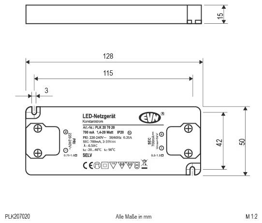 Technische Maßzeichnung eines rechteckigen LED-Stromversorgungsgeräts mit Seiten- und Draufsicht mit Abmessungen von 115 mm Länge und 21 mm Höhe, plus eine detaillierte Nahaufnahme des Befestigungslochs.
