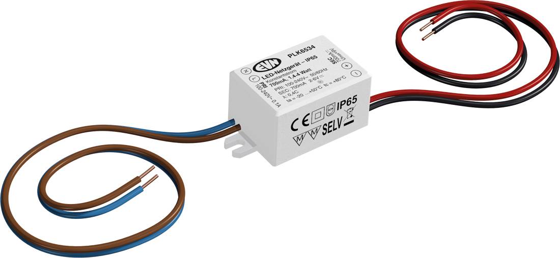 Kleines weißes elektrisches Relaismodul mit CE-Kennzeichnung und drei angebrachten Drahtpaaren: Braun/Blau auf der linken Seite, Rot/Schwarz oben rechts und Braun/Blau geschleift unten links.