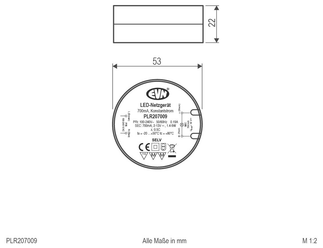 Technische Zeichnung eines runden EVN LED-Netzwerkmoduls mit den Abmessungen 53 mm Breite und 22 mm Höhe, mit Produktetikett und Maßstab M 1:2.