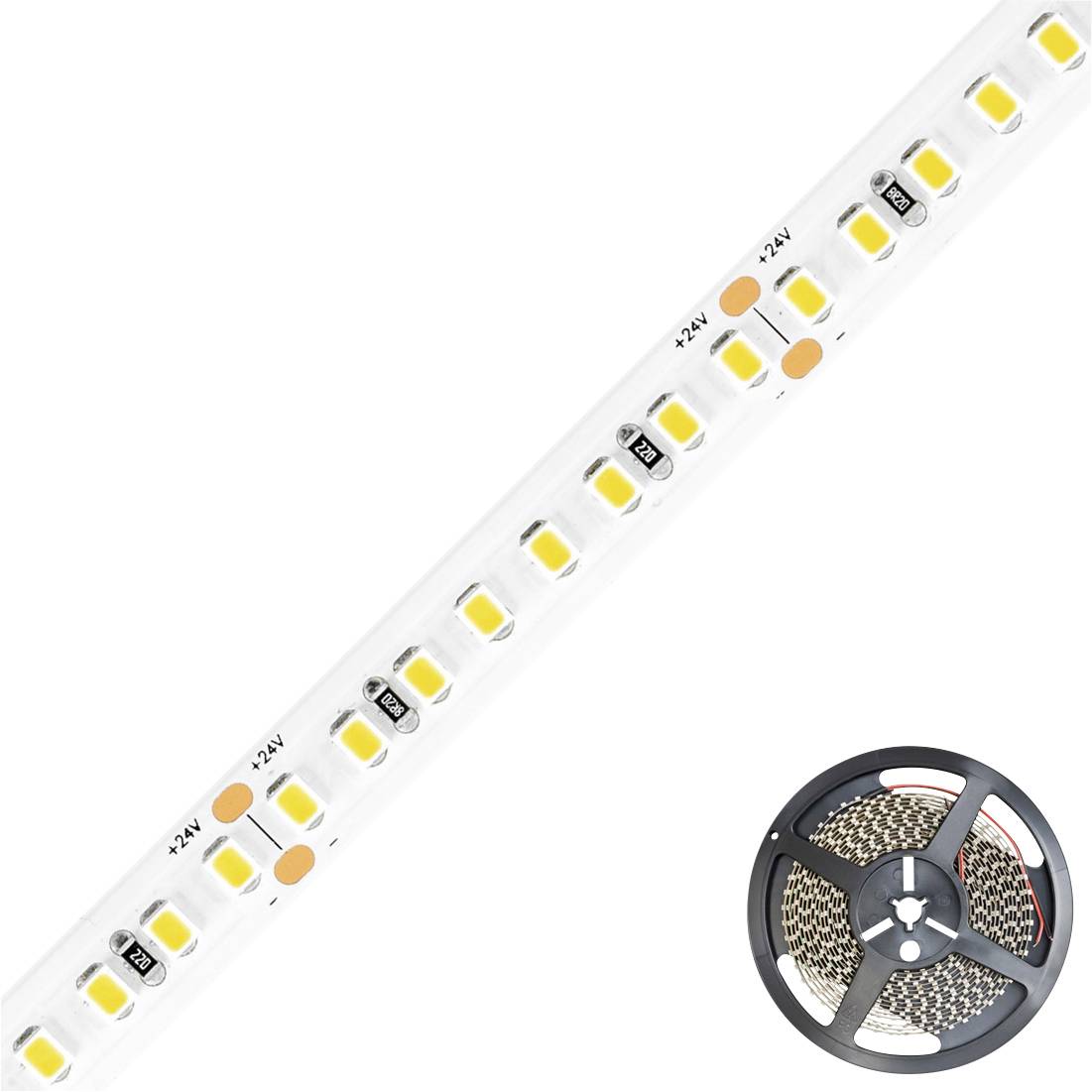 Ein LED-Streifenband mit leuchtenden Dioden, teilweise abgewickelt, zeigt die eng beieinanderliegenden Leuchtelemente deutlich.