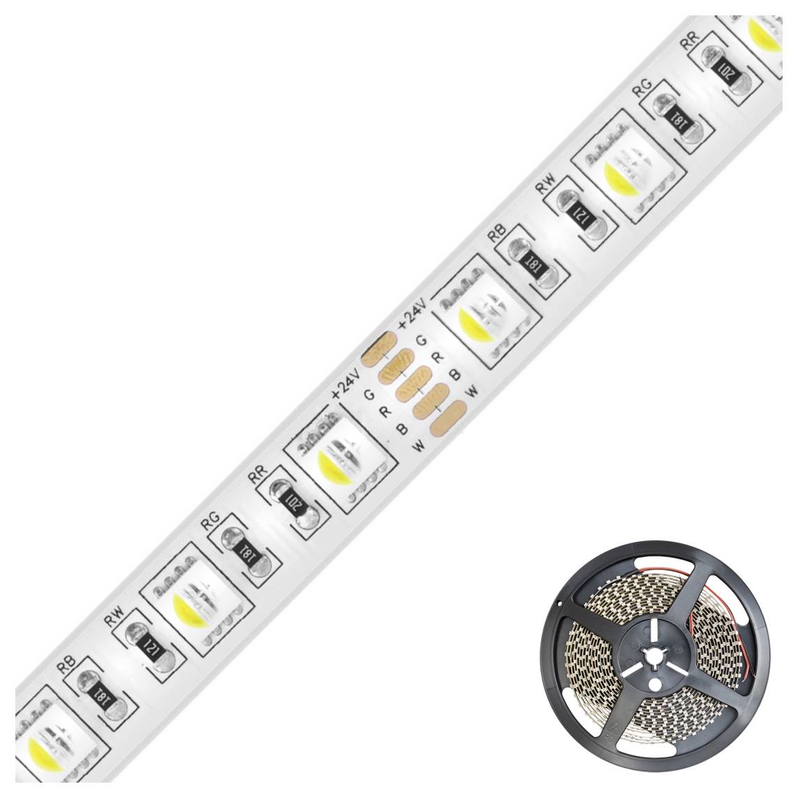 Spule mit flexiblem LED-Streifenlicht mit RGBW-Chips und Kupferkontaktflächen, diagonal dargestellt mit dem aufgerollten Streifenende unten rechts.