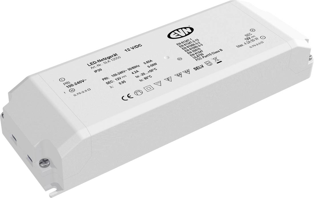 Weiß rechteckiges LED-Treiber-Netzteil mit aufgedruckten Spezifikationen und elektrischen Symbolen oben.