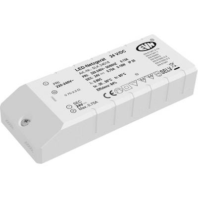Stromversorgungstreiber für weiße LEDs mit der Bezeichnung „LED-Netzgerät 24 VDC" und aufgedruckten elektrischen Spezifikationen auf einem rechteckigen Gehäuse.