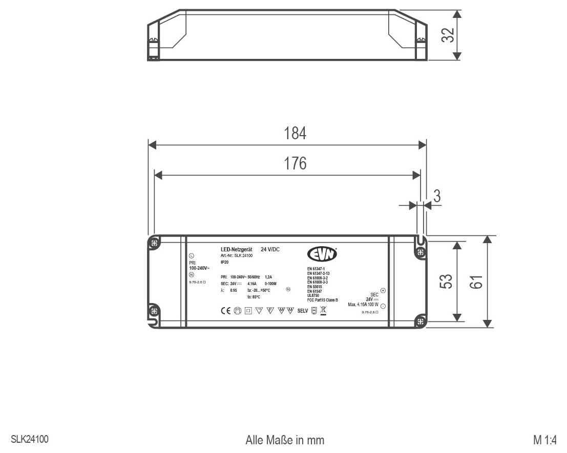 Technische Maßstabzeichnung eines rechteckigen LED-Treibers/Stromversorgungsgeräts mit Draufsicht und Vorderansicht sowie Maßen in mm, einschließlich 184, 176, 61, 53, 32 und 3.
