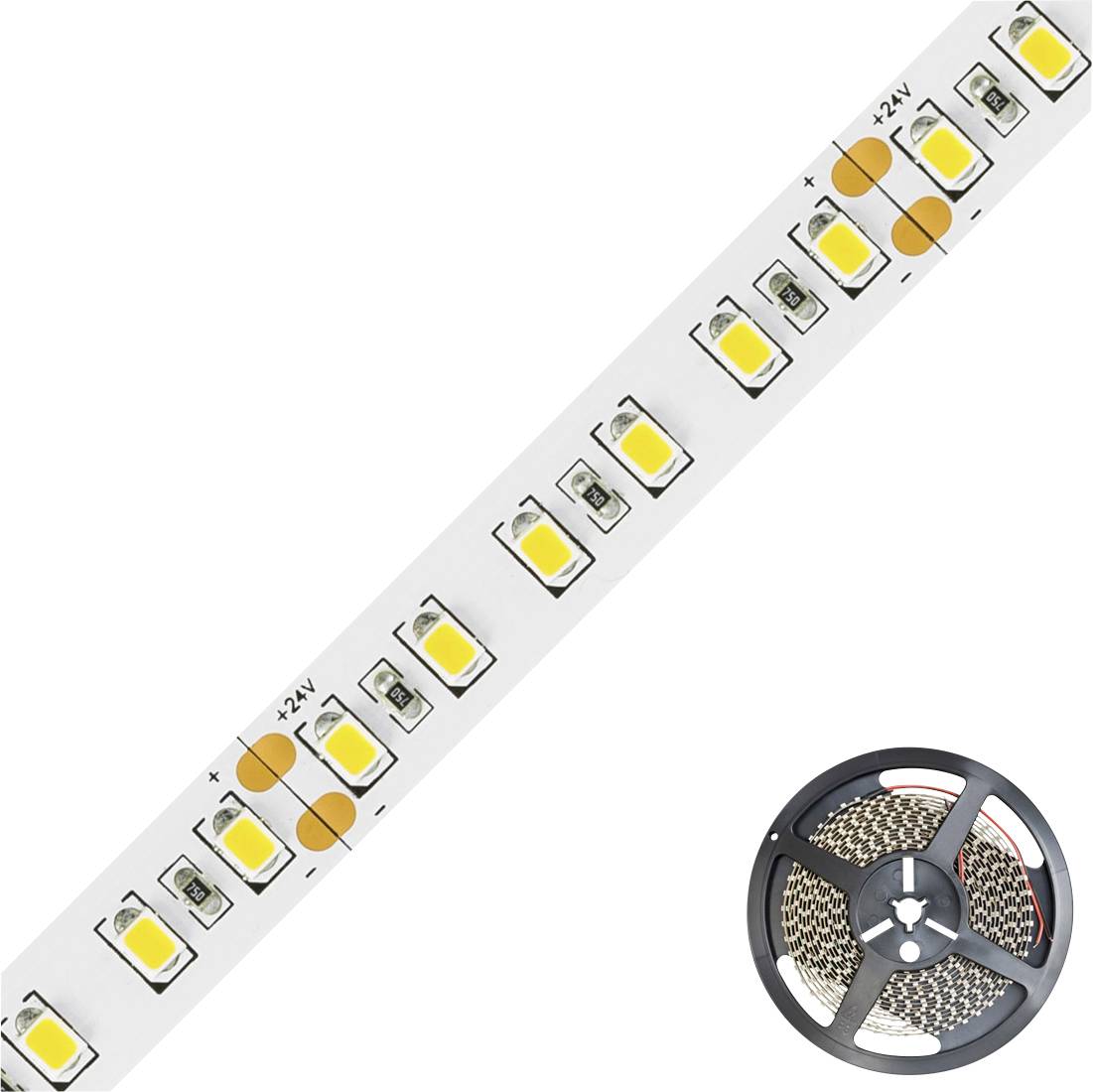 LED-Streifen mit gelben Dioden auf weißem Hintergrund, daneben aufgewickelte Rolle.