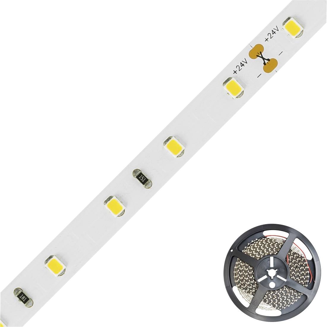 LED-Streifenleuchte mit gelben Dioden auf weißem Band, rechts unten eine aufgewickelte Rolle des Streifens.