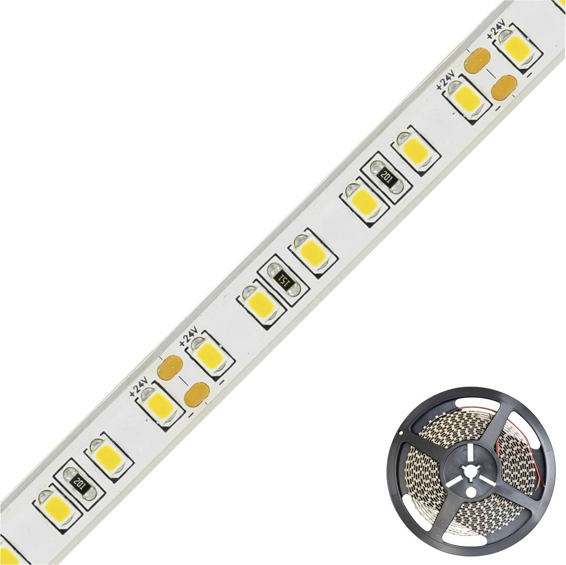 LED-Streifen mit gelben Dioden auf weißem Hintergrund, zeigt +12V an. Rechts unten eine Rolle mit aufgewickeltem LED-Streifen.