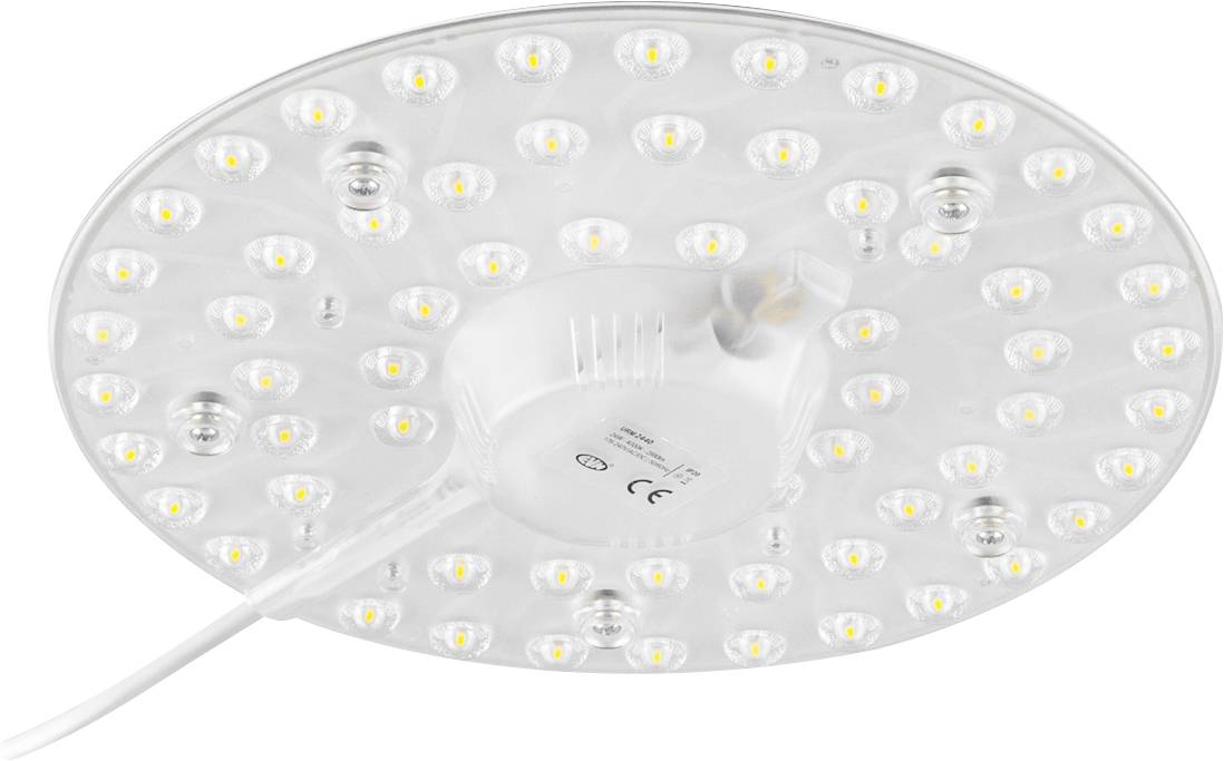 Runde LED-Deckenleuchte mit mehreren kleinen LEDs, angebracht auf einer weißen runden Platte. Kabelanschluss sichtbar.
