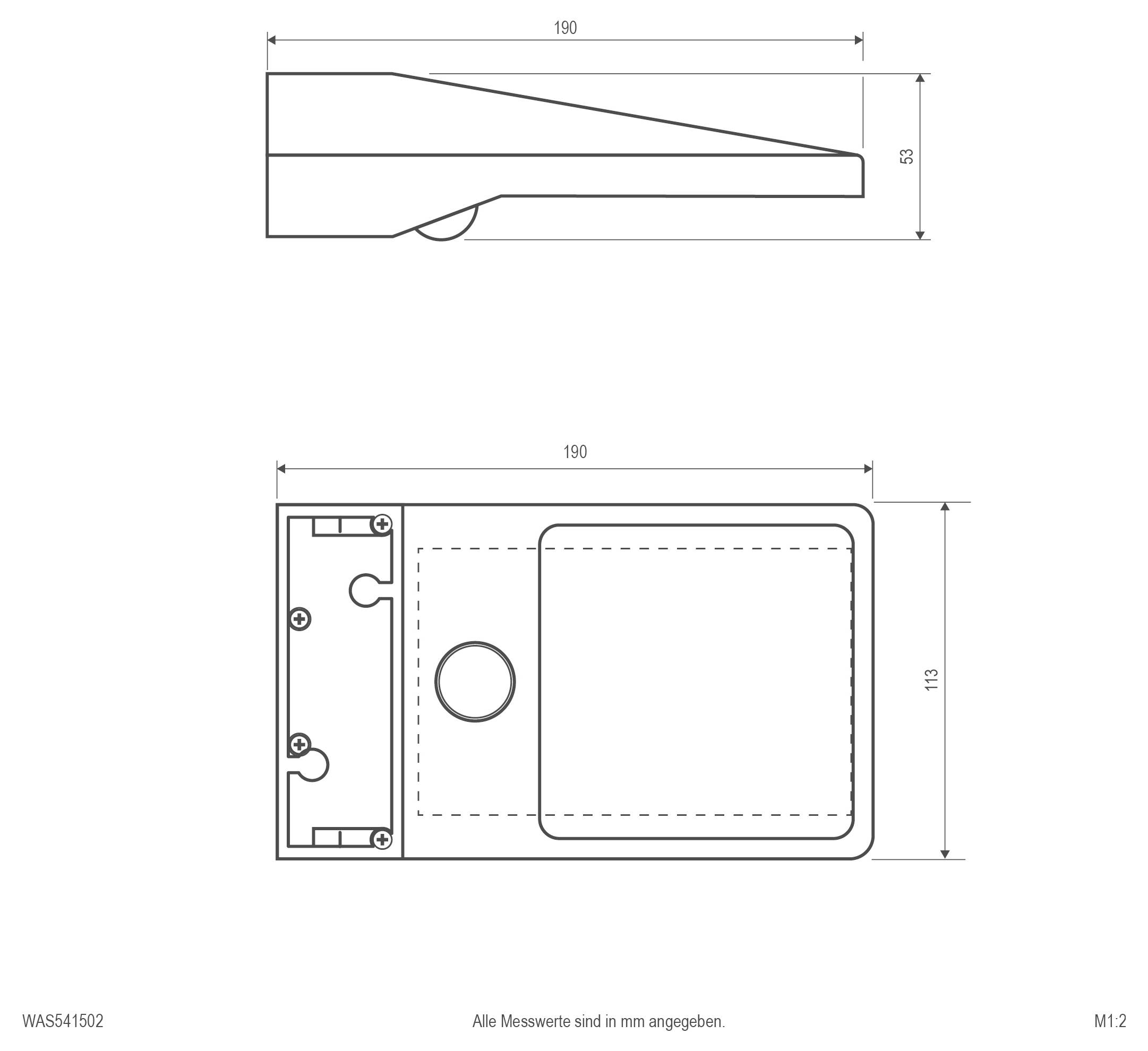 Technische Zeichnung eines rechteckigen Geräts, dargestellt in Seiten- und Draufsicht, mit einer Breite von 190 mm und einer Höhe von 53/113 mm, mit internen Komponenten und Befestigungsdetails.