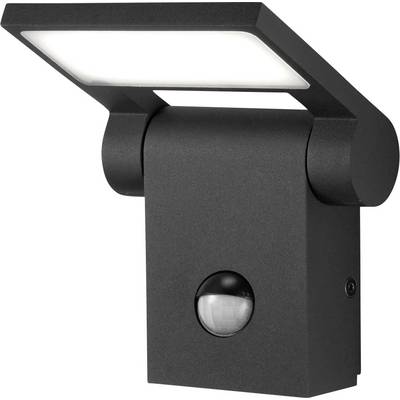 Schwarze Außen-LED-Sicherheitsleuchte mit Bewegungsmelder und abgewinkelt rechteckigem Lampenkopf auf einer wandmontierten Vorrichtung.