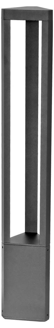 Hoher schwarzer Außenleuchtenmast mit quadratischem offenem Rahmen und massiver Basis.