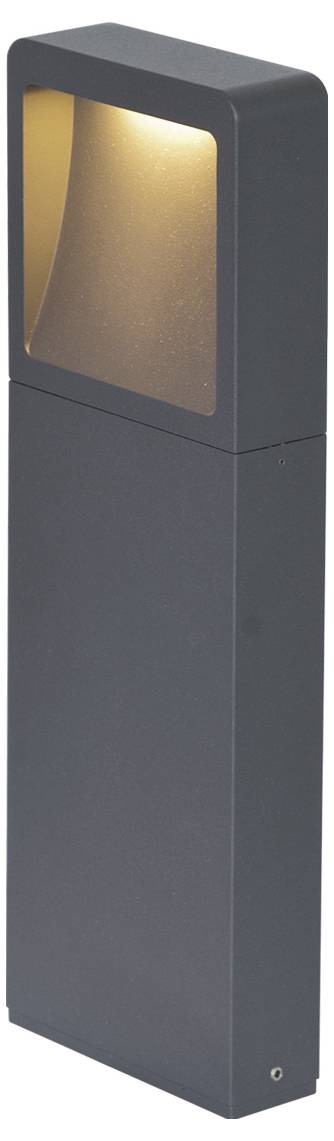 Schwarze rechteckige Außenpollardleuchte mit leuchtendem mattiertem Oberpaneel und beleuchtetem Vordergesicht.