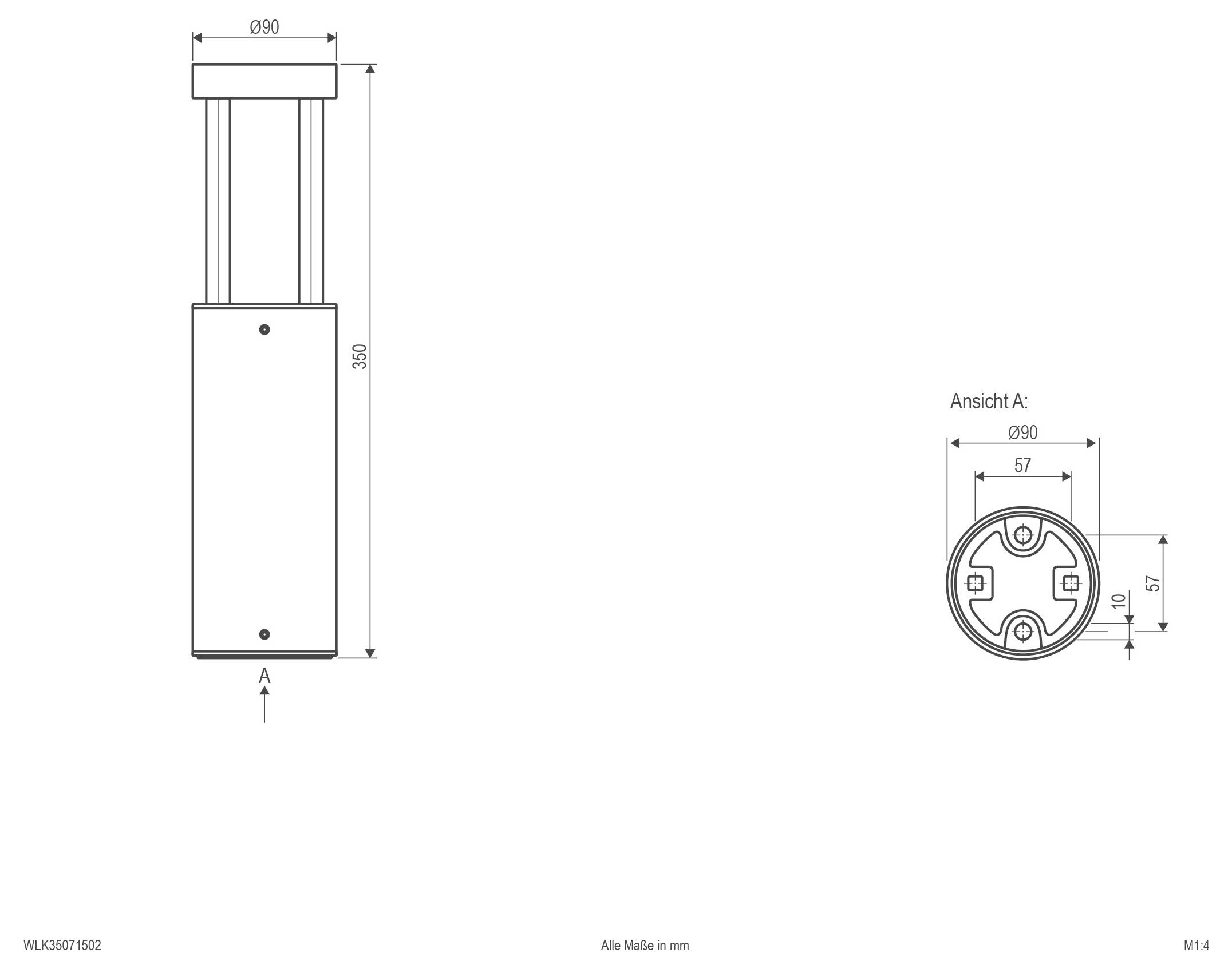 Technische Zeichnung eines zylindrischen Geräts mit Seiten- und Draufsicht; Abmessungen in Millimetern markiert, einschließlich 90 mm Breite und 350 mm Höhe.