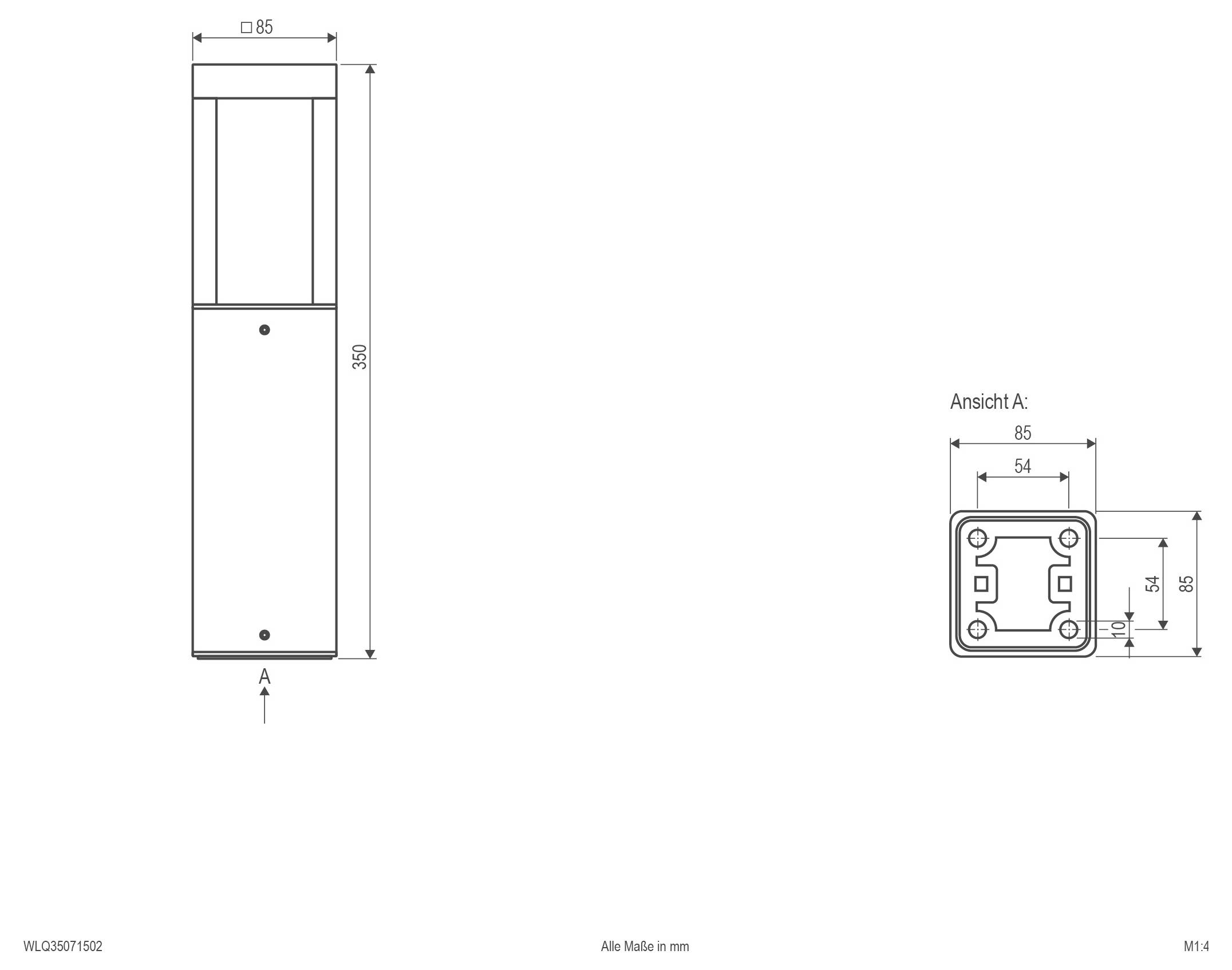Technische Zeichnung eines rechteckigen Teils mit Seiten- und Vorderansicht, mit Abmessungen von 350 mm Höhe und 85 mm Breite, mit Montagelöchern und internen Ausschnitten.