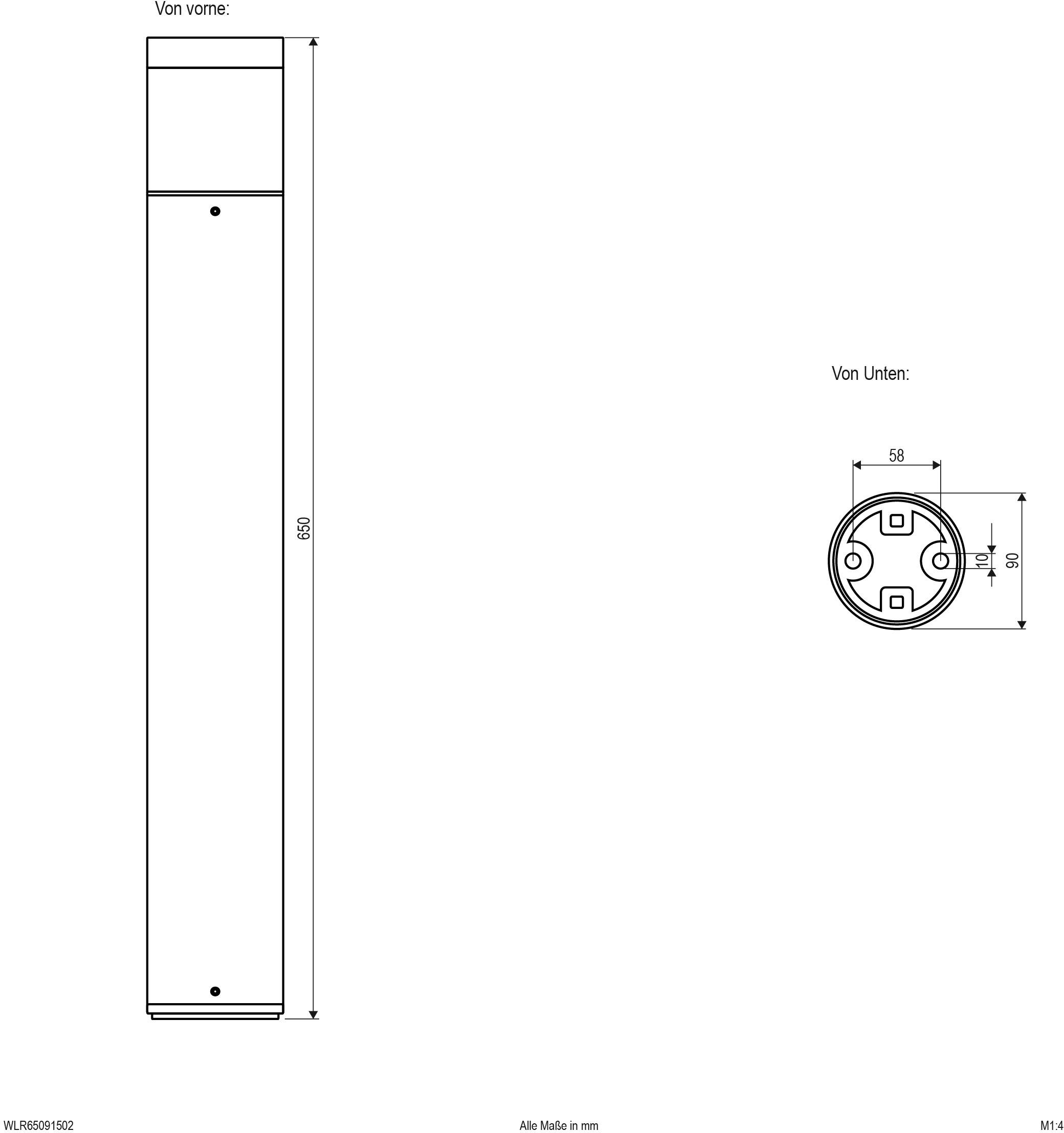 Technische Zeichnung eines zylindrischen Objekts mit Seiten- und Unteransicht. Höhe: 900 mm, Durchmesser: 58 mm. Alle Maße in mm.