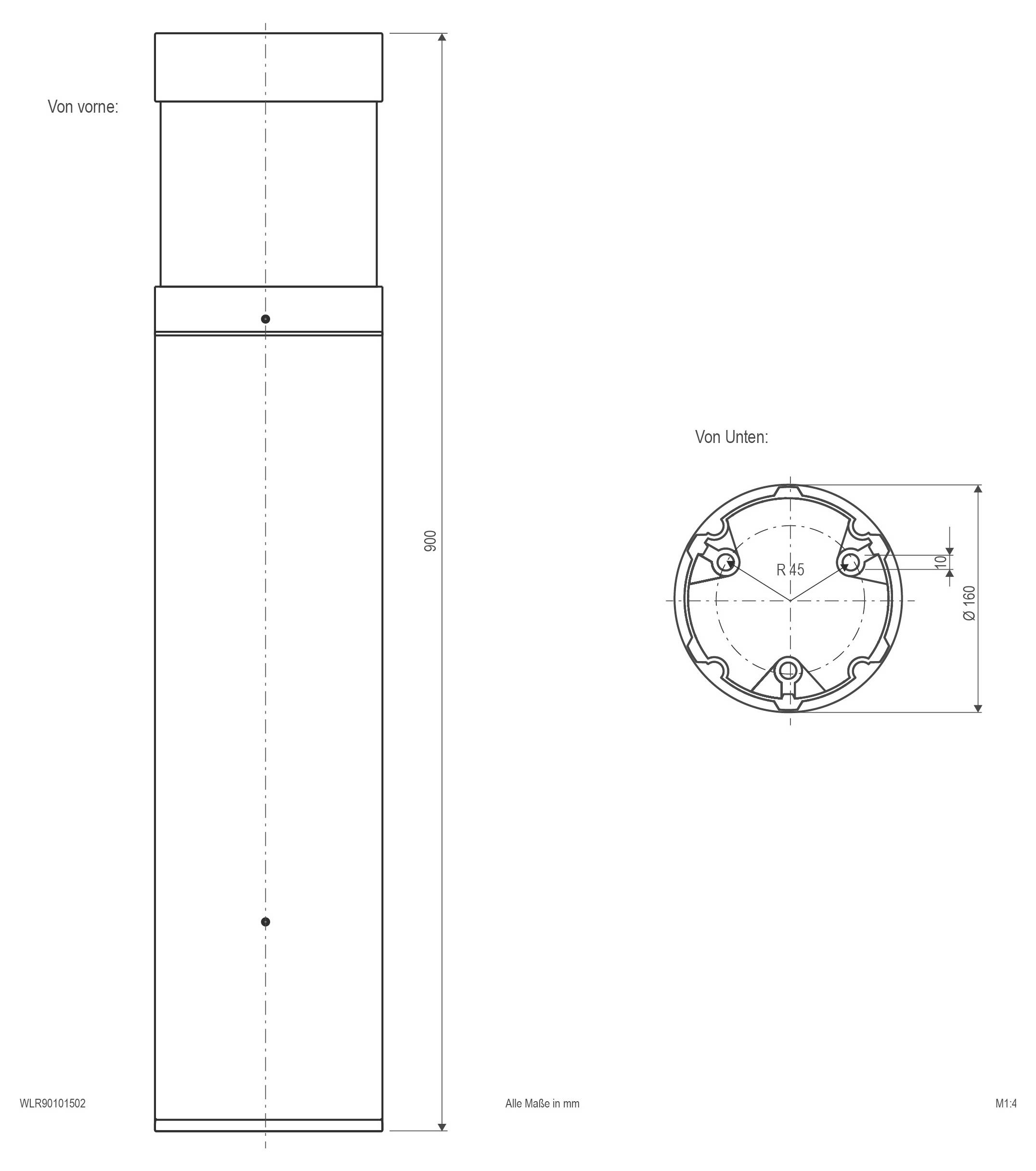 Technische Zeichnung eines zylindrischen Teils in Front- und Bodenansicht, mit Abmessungen und Lochbild in Millimetern gekennzeichnet.