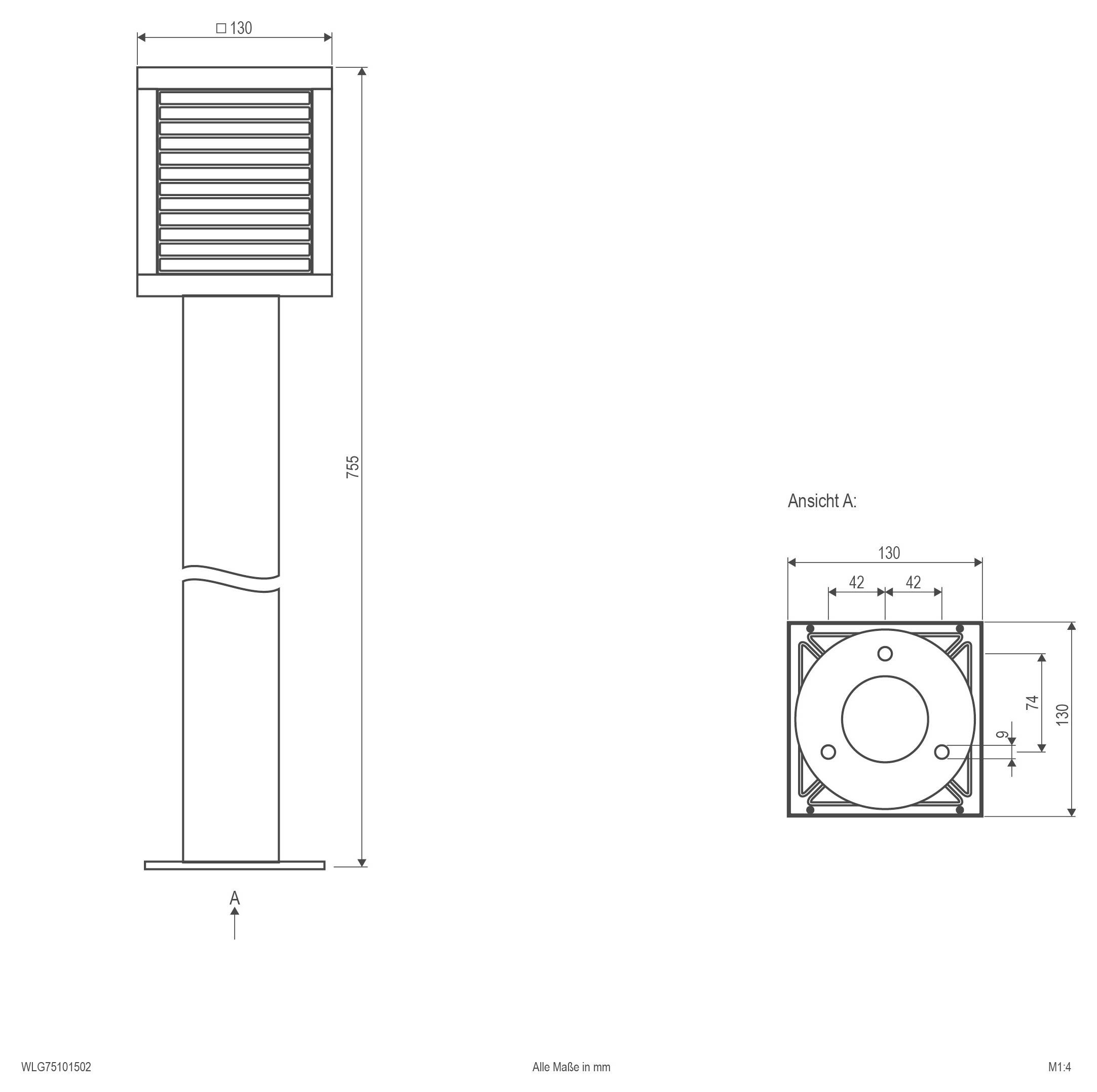 Technische Maßstabzeichnung einer vertikalen Lüftung oder eines Pfosten, mit Vorder- und Draufsicht und Maßen von 130 mm Breite und 765 mm Höhe.