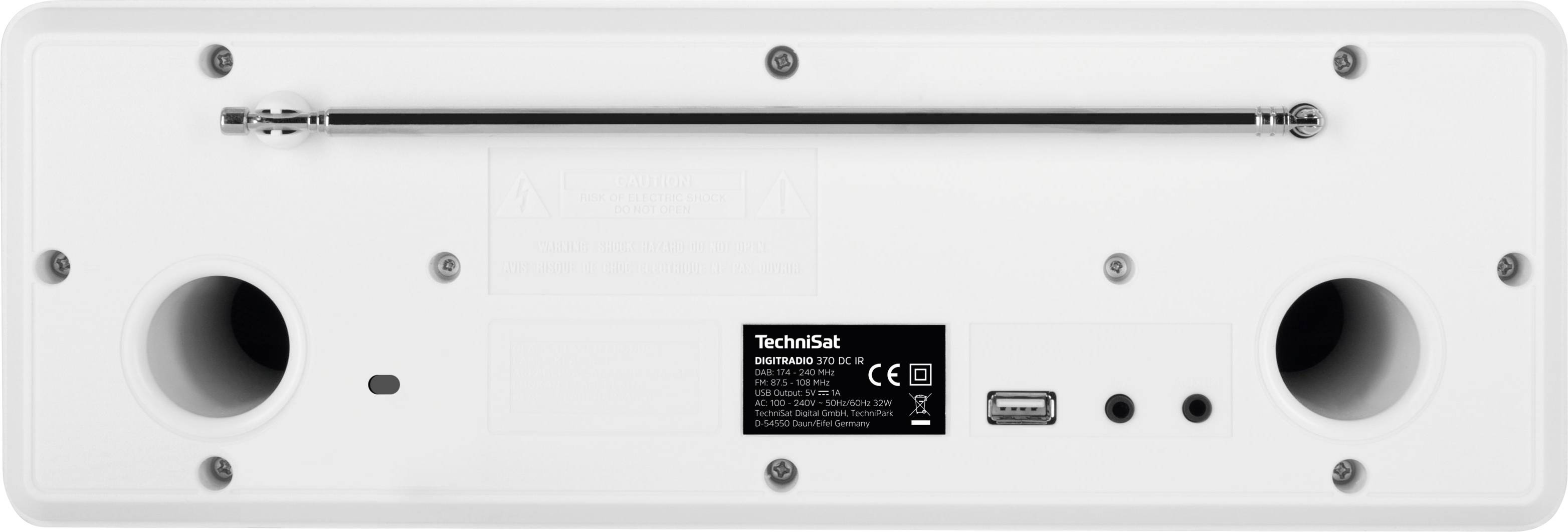Rückseite eines weißen TechniSat-Radios mit verschiedenen Anschlüssen und CE-Kennzeichnung.