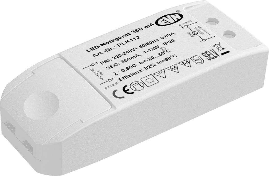 Weißes rechteckiges LED-Stromversorgungstreiber mit der Beschriftung „LED-Netzgerät 350 mA" mit technischen Spezifikationen und Zertifizierungssymbolen auf der Oberseite gedruckt.