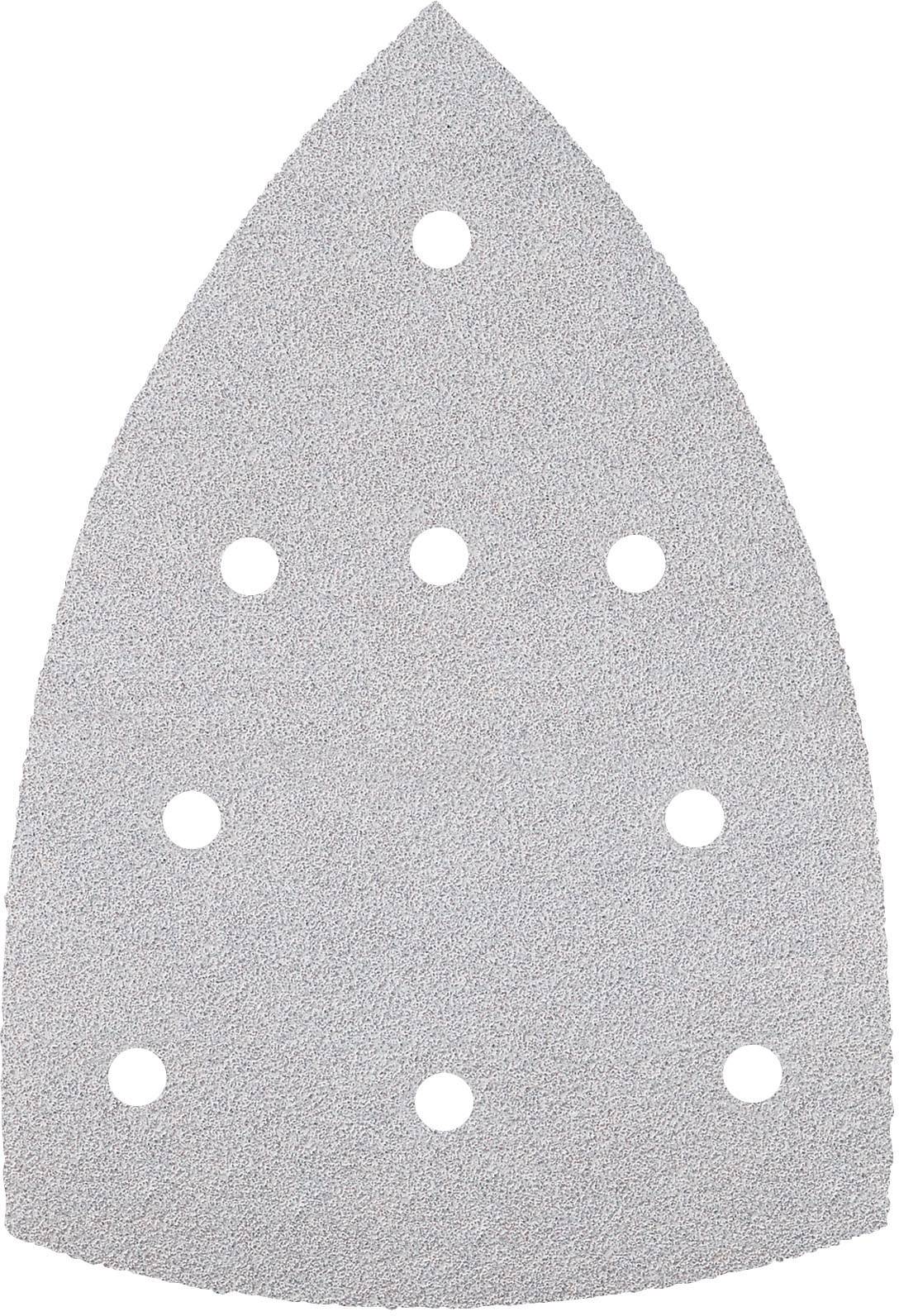 Ein dreieckiges Schleifpapier mit acht Löchern, gleichmäßig verteilt. Es ist für Deltaschleifer geeignet und dient zum Glätten von Oberflächen.