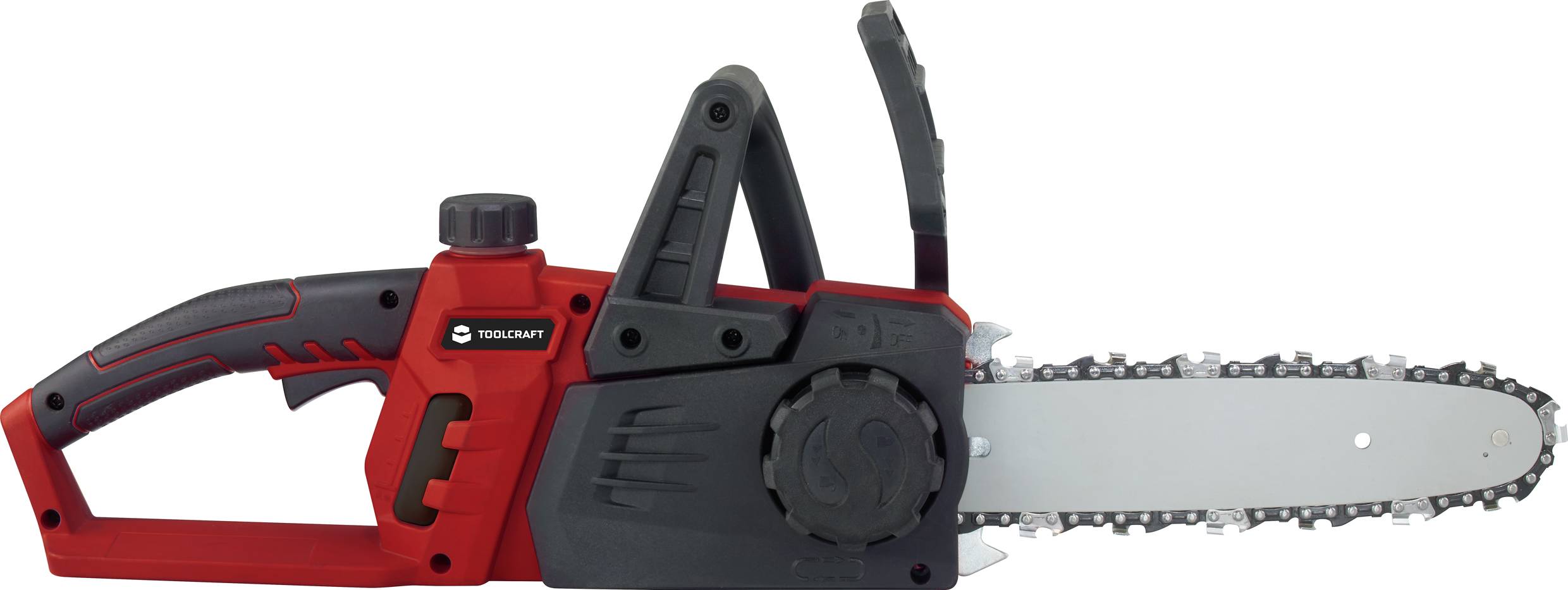 Eine rote und schwarze Elektro-Kettensäge mit einem ergonomischen Griff und einer Kette aus Metall ist horizontal abgebildet.