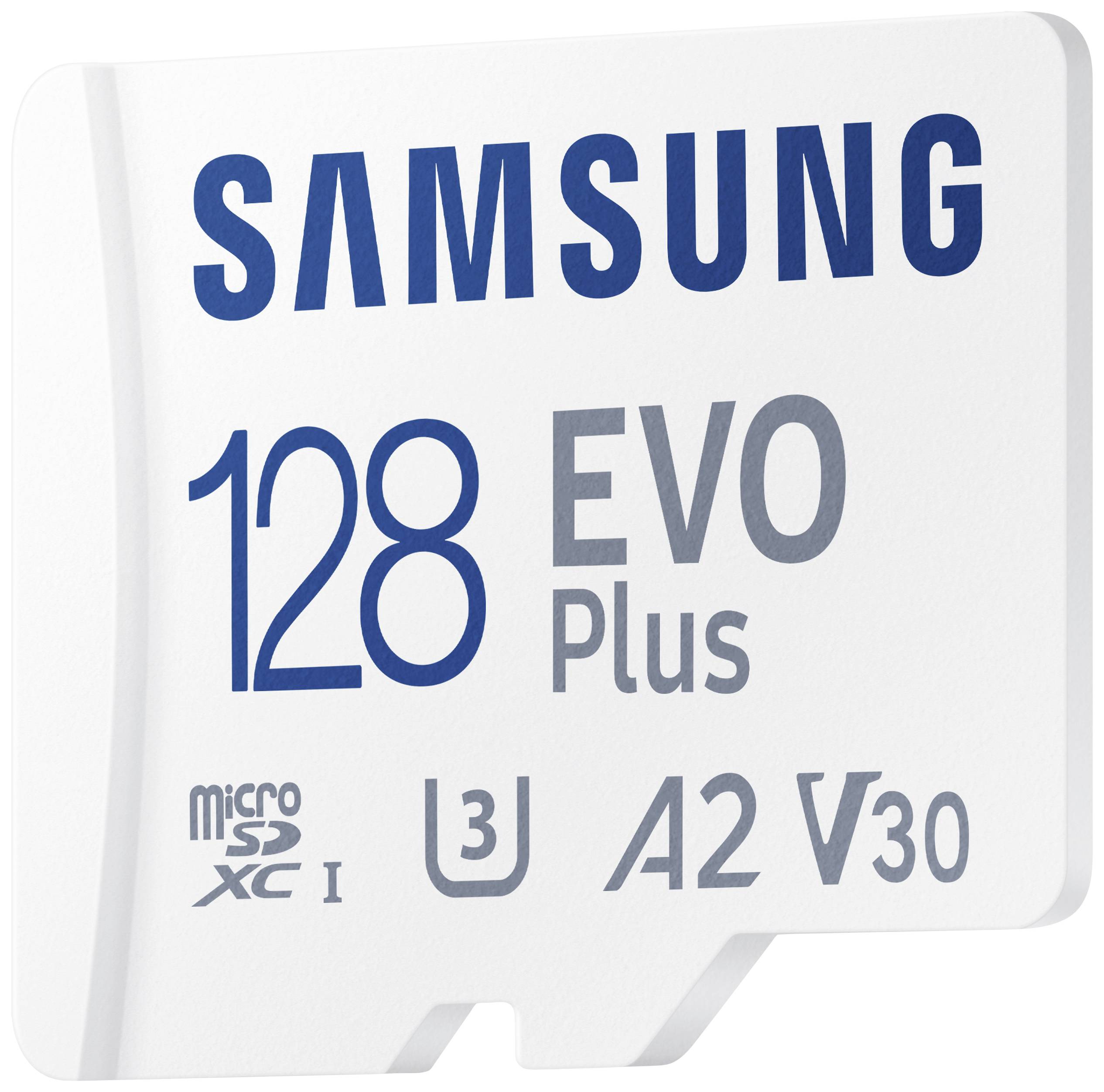 Samsung 128 GB EVO Plus microSD-Karte mit UHS-I, Klasse 10, A2 V30, geeignet für schnelle Datenübertragung und hohe Speicherkapazität.