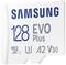 Samsung 128 GB EVO Plus microSD-Karte mit UHS-I, Klasse 10, A2 V30, geeignet für schnelle Datenübertragung und hohe Speicherkapazität.