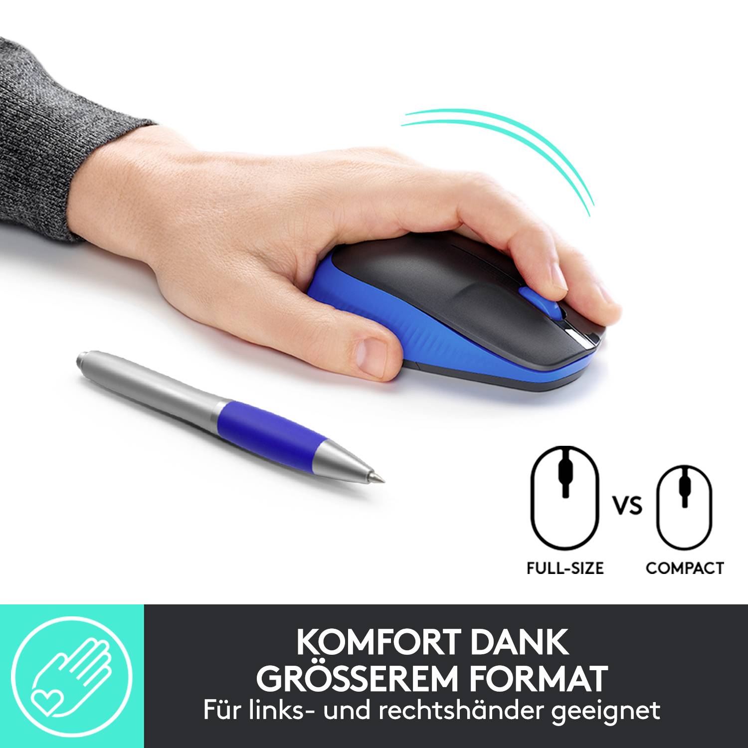 Hand hält ergonomische Maus, daneben Kugelschreiber. Text unten: 'Komfort dank größerem Format'. Geeignet für Links- und Rechtshänder.