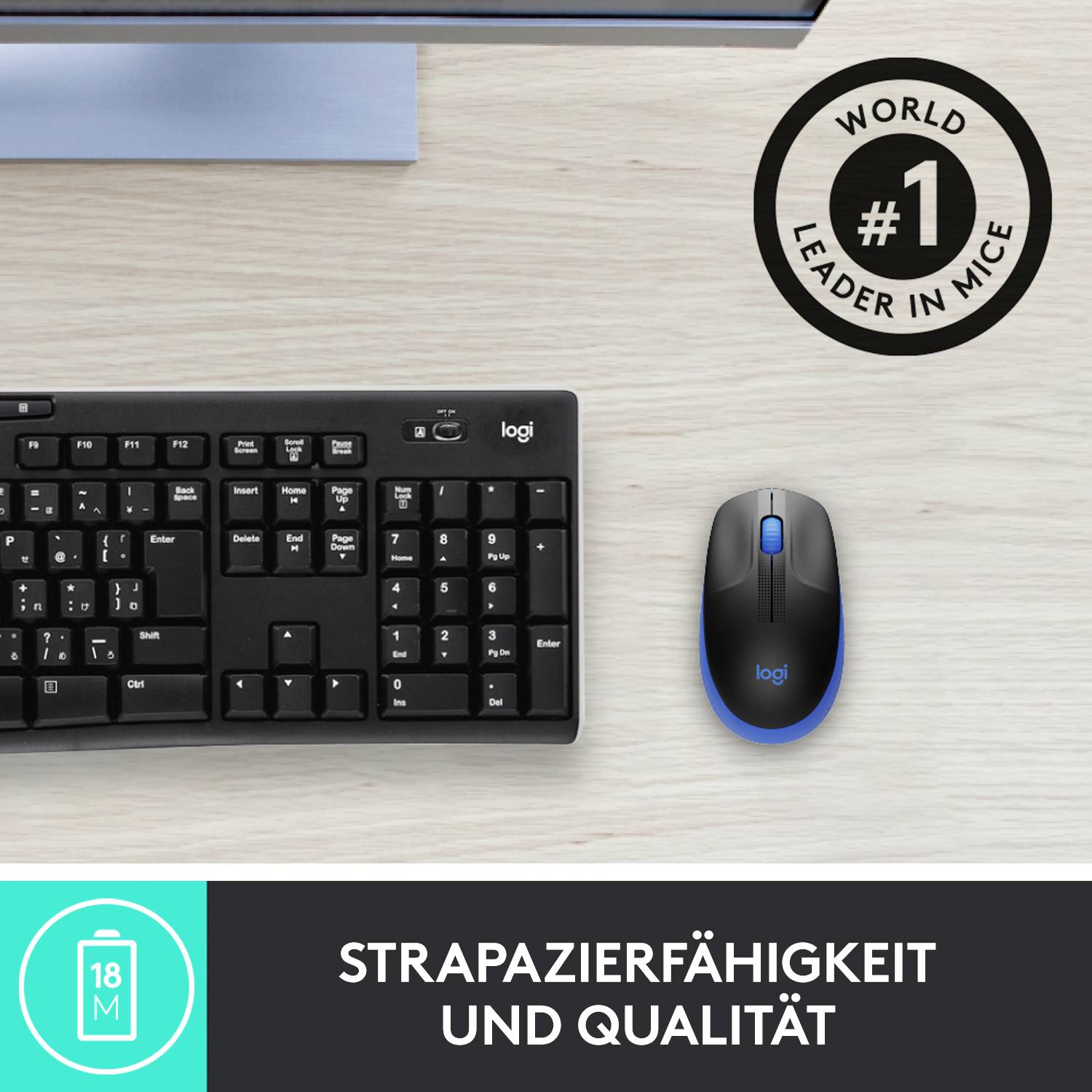 Tastatur und Maus auf einem Schreibtisch. Text darunter: 'Strapazierfähigkeit und Qualität'. Mittig: 'World Leader in Mice'.